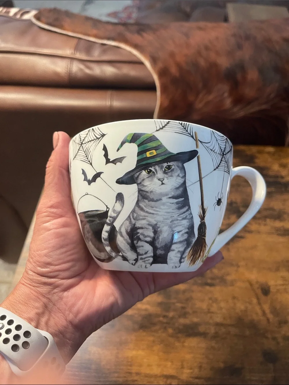 Halloween Cat Ceramic Coffee Mug - White with Green Accent